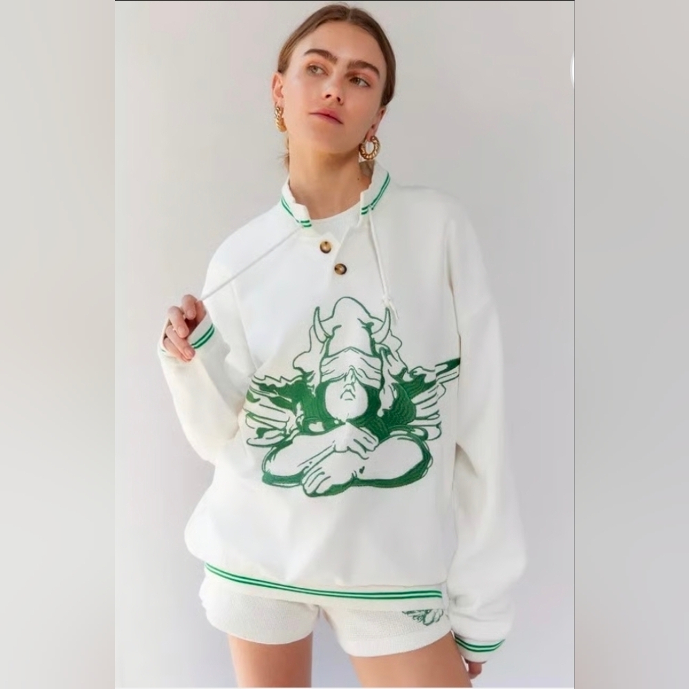 Boys Lie Cherub University Henley Crewneck White Green Trim S/M NWT